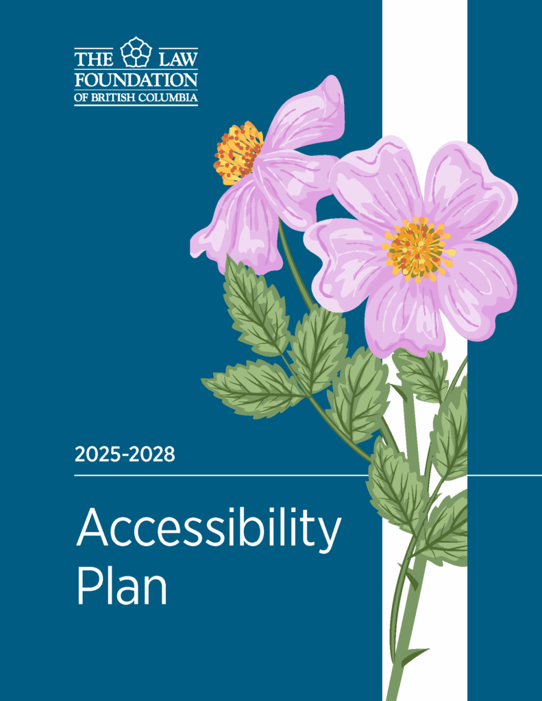 Two pink nootka roses on a dark blue background. A title "Accessibility Plan" is written beside the flower.